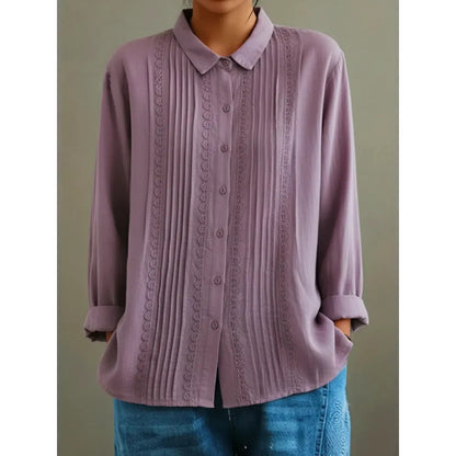 Womens Cotton-Linen Long-Sleeve Loose Shirt With Lace Trim
