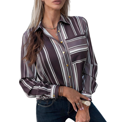 Elegant Sophisticated Striped Patchwork Print Blouse With Long Sleeves For Workwear