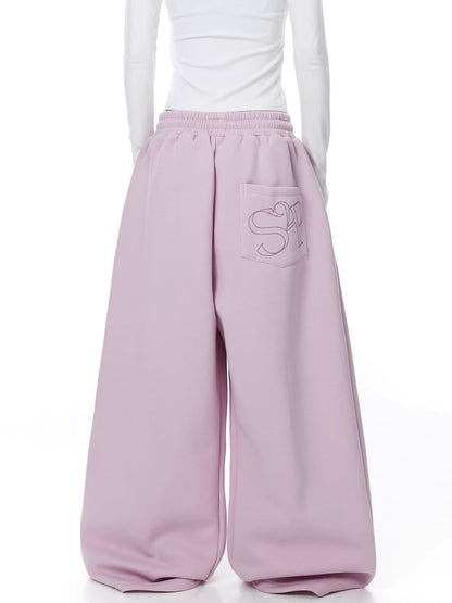 Embroidered Pleated Drawstring Sweatpants For Women Loose Straight Fit