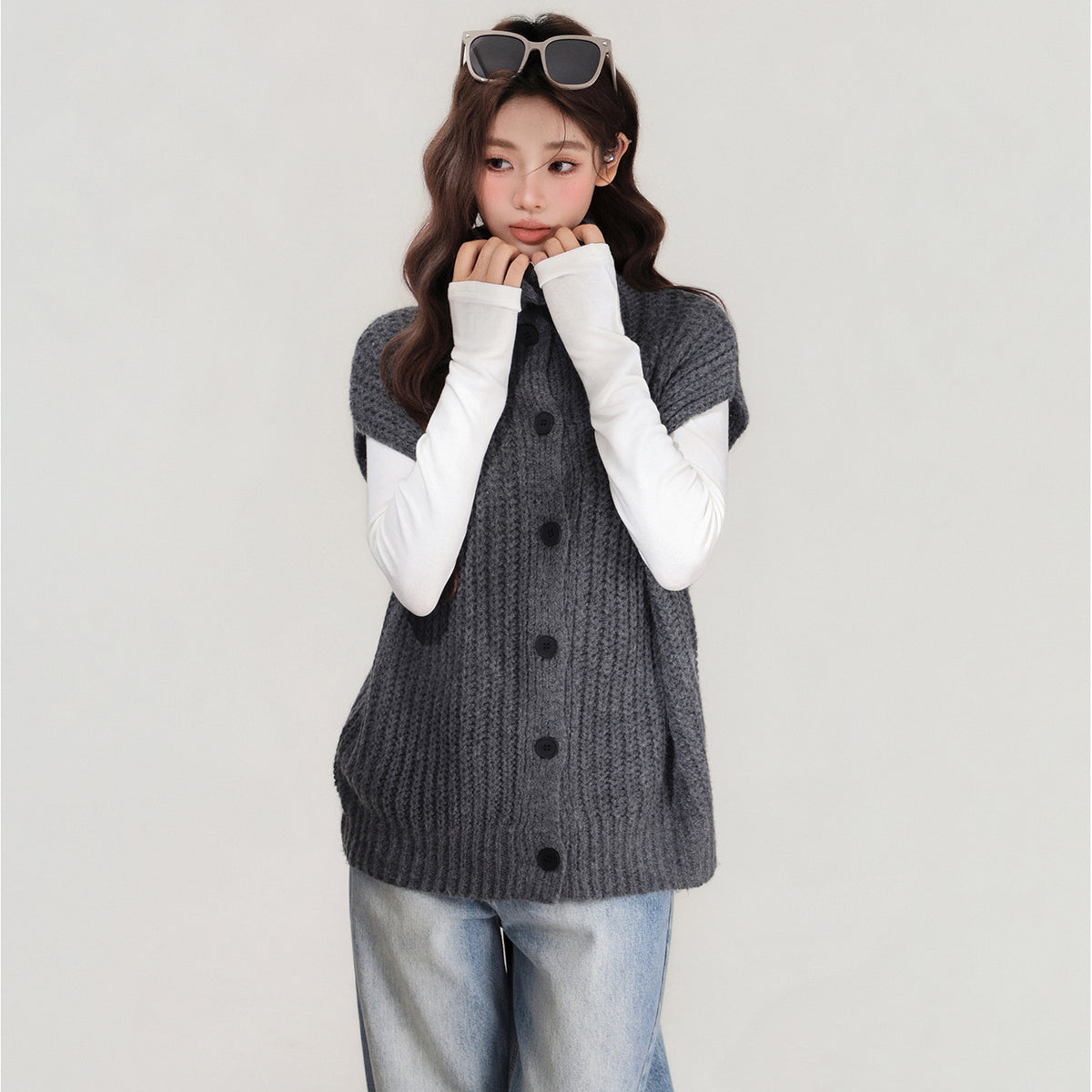 Grey Lapel Knitted Vest Sweater Warm Coat Women's Autumn And Winter Innerwear Top