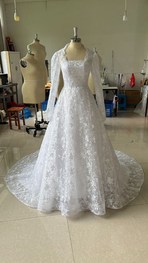 Embroidered Long Sleeve Trailing Wedding Dress