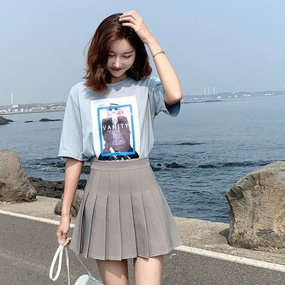 High-waisted A-line Skirt For Petite Women Gray And White Pleated Skirt