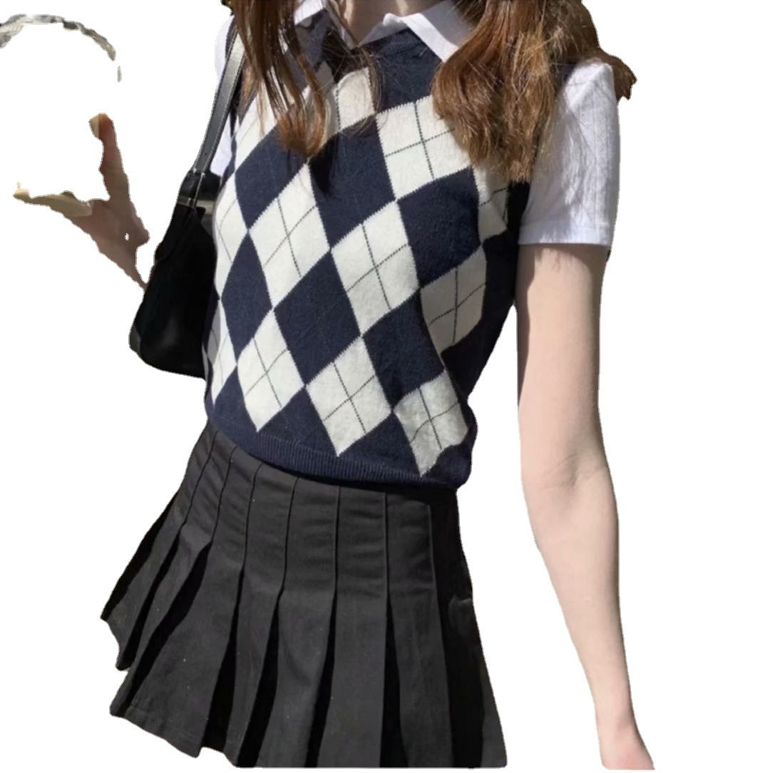 Retro Preppy Style Versatile Diamond-Check BM Knitted Vest