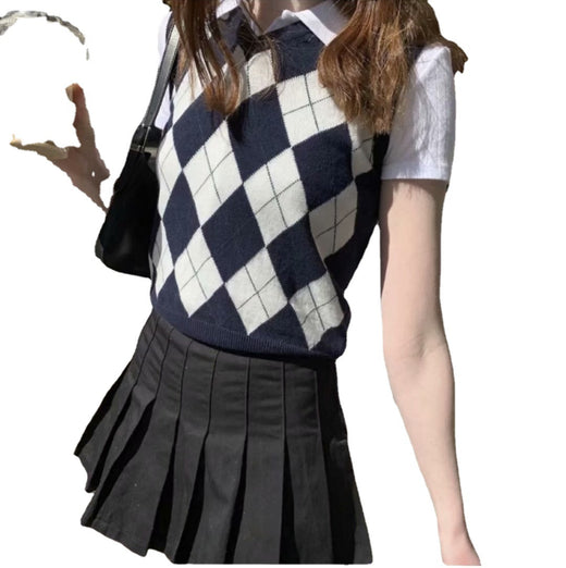 Retro Preppy Style Versatile Diamond-Check BM Knitted Vest