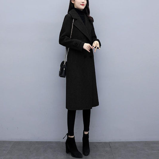 Womens MidLength KoreanStyle DoubleBreasted Wool Coat