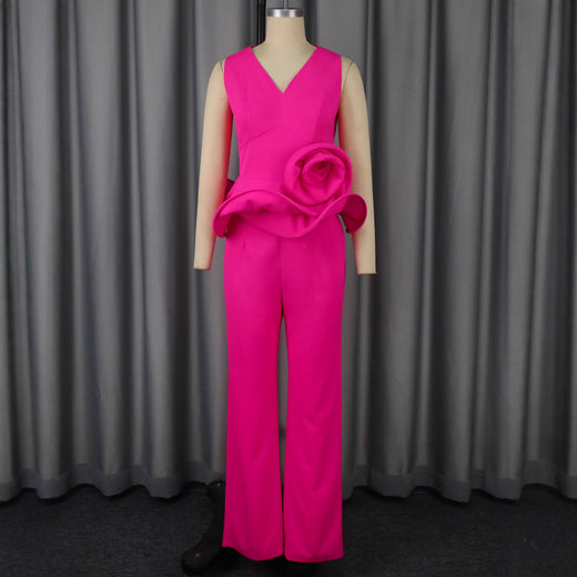Three-dimensional Flower V-neck Sleeveless Top High Waist Fashion Straight-leg Pants