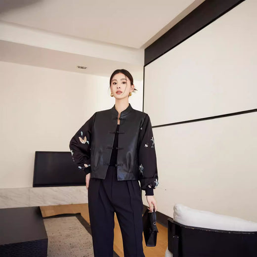 New Chinese Style Stitching Leather Coat Women's Retro Women's