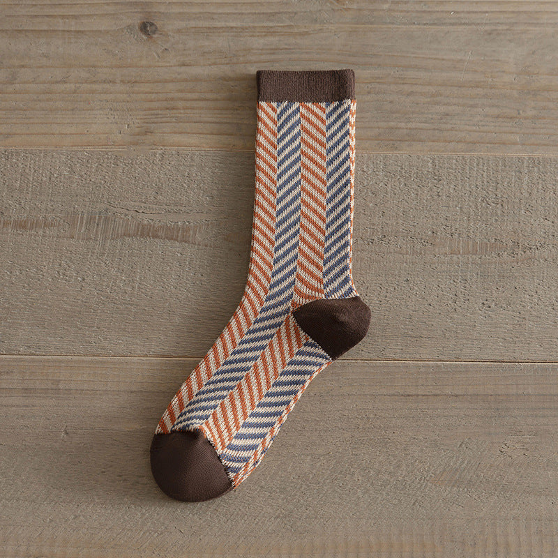 Double-Needle Dual-Channel Sweat-Absorbing Breathable Wireless Top Preppy-Style Mid-Calf Women's Socks