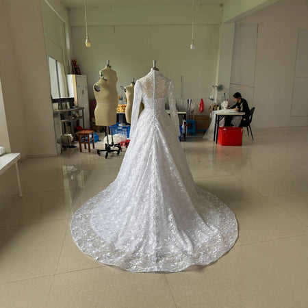 Embroidered Long Sleeve Trailing Wedding Dress
