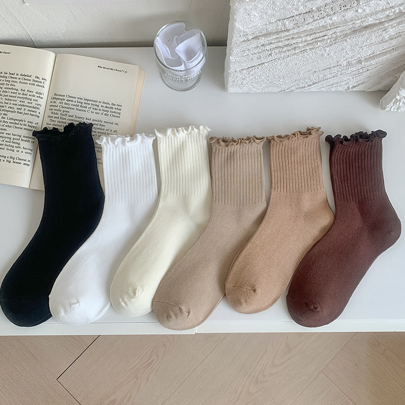 Solid-color Ruffle-trimmed Socks For Women
