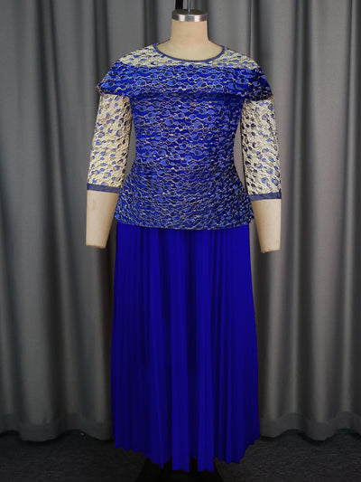 Women's Solid Color Versatile Lace Long Sleeved Pleated Skirt