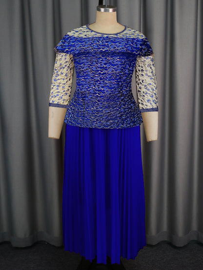 Women's Solid Color Versatile Lace Long Sleeved Pleated Skirt