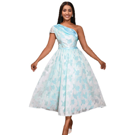 Women's Oblique Shoulder Contrast Color Evening Dress Jacquard Elegant Dress