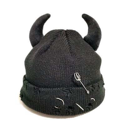 Knitted Wool Hat With Hole-decorated Gourd-shaped Devil-ear Pins