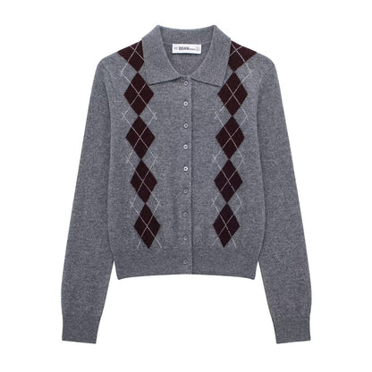 Womens Fashion Lapel Long-Sleeve Single-Breasted Knit Cardigan