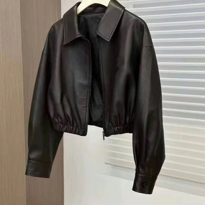 Black Soft Leather Spring And Autumn Coat Woman Square-neck Zip Leather Jacket