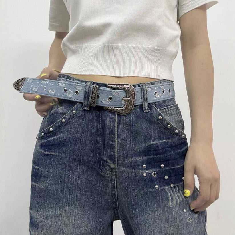 Blue Denim Belt Vintage Carved Leather Belt Accessory