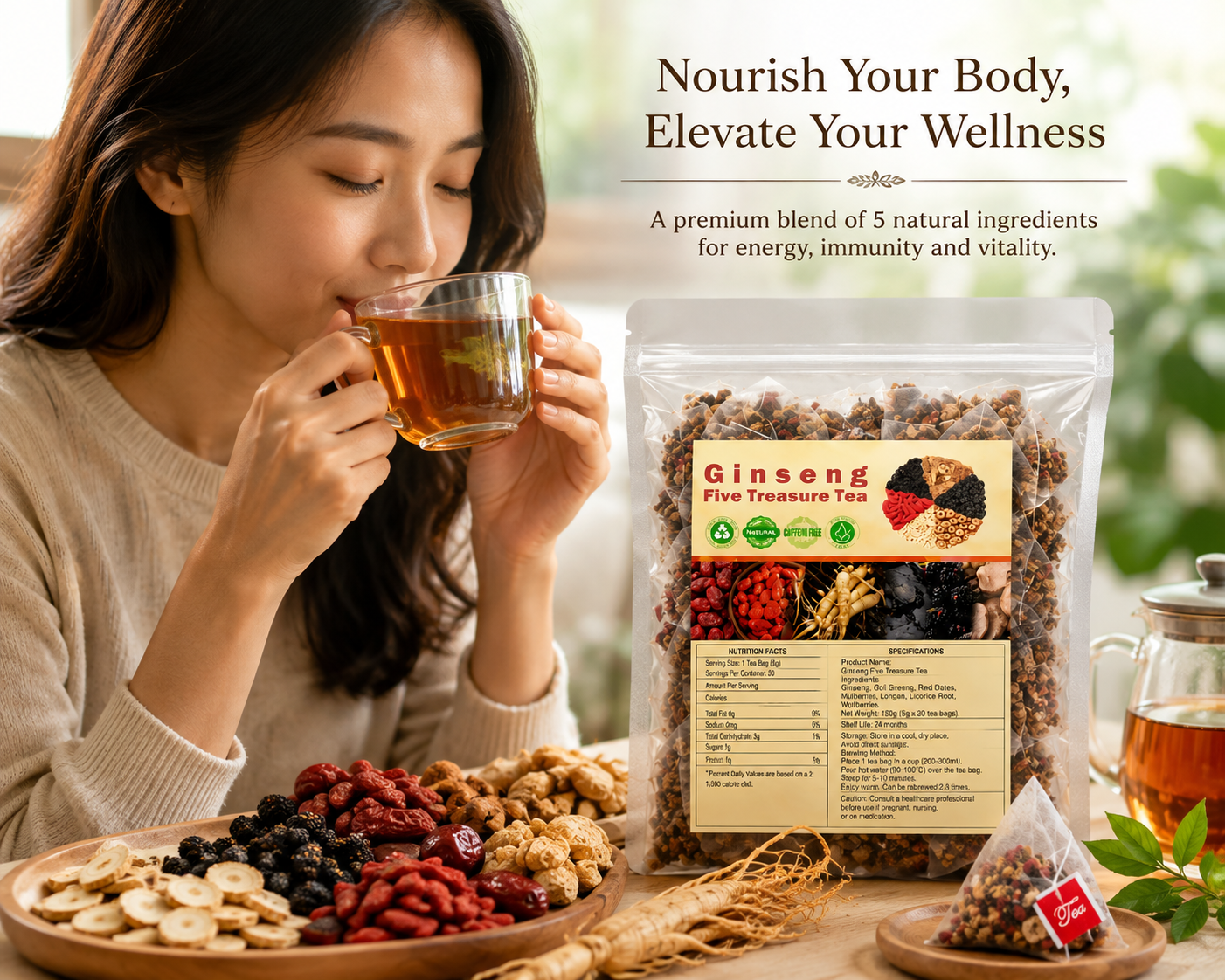 Ginseng Five Treasure Tea – Premium Natural Herbal Wellness Blend