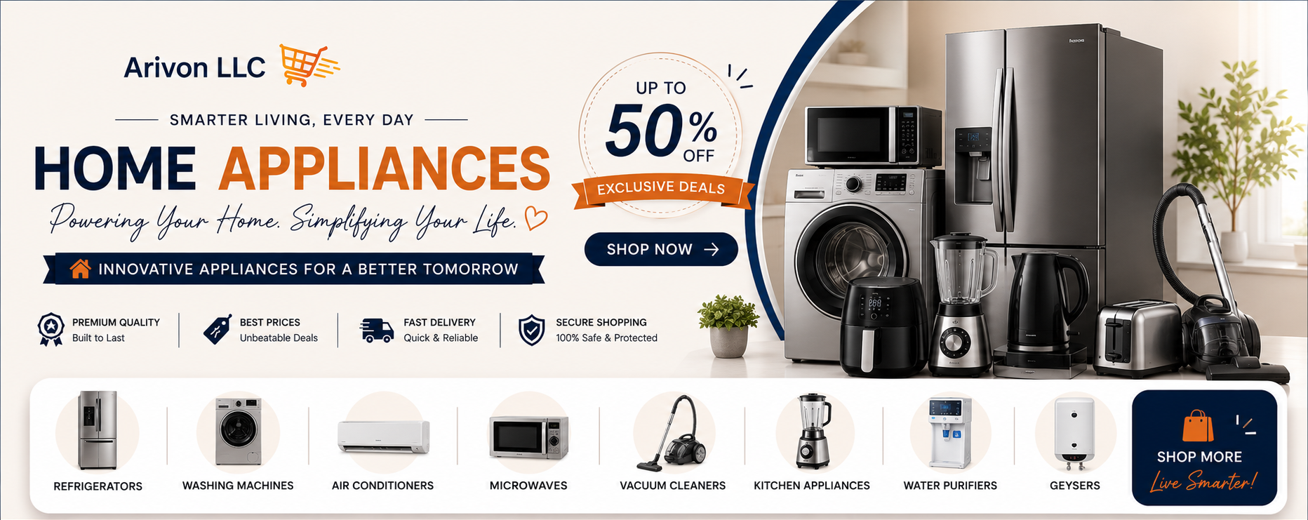 Promotional banner for Arivon LLC home appliances with various kitchen and laundry appliances displayed.