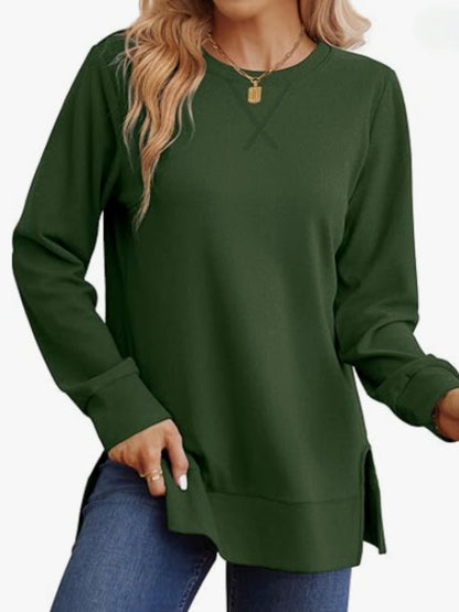 Womens Crew-Neck Long-Sleeve T-Shirt With Side Slits Casual Top