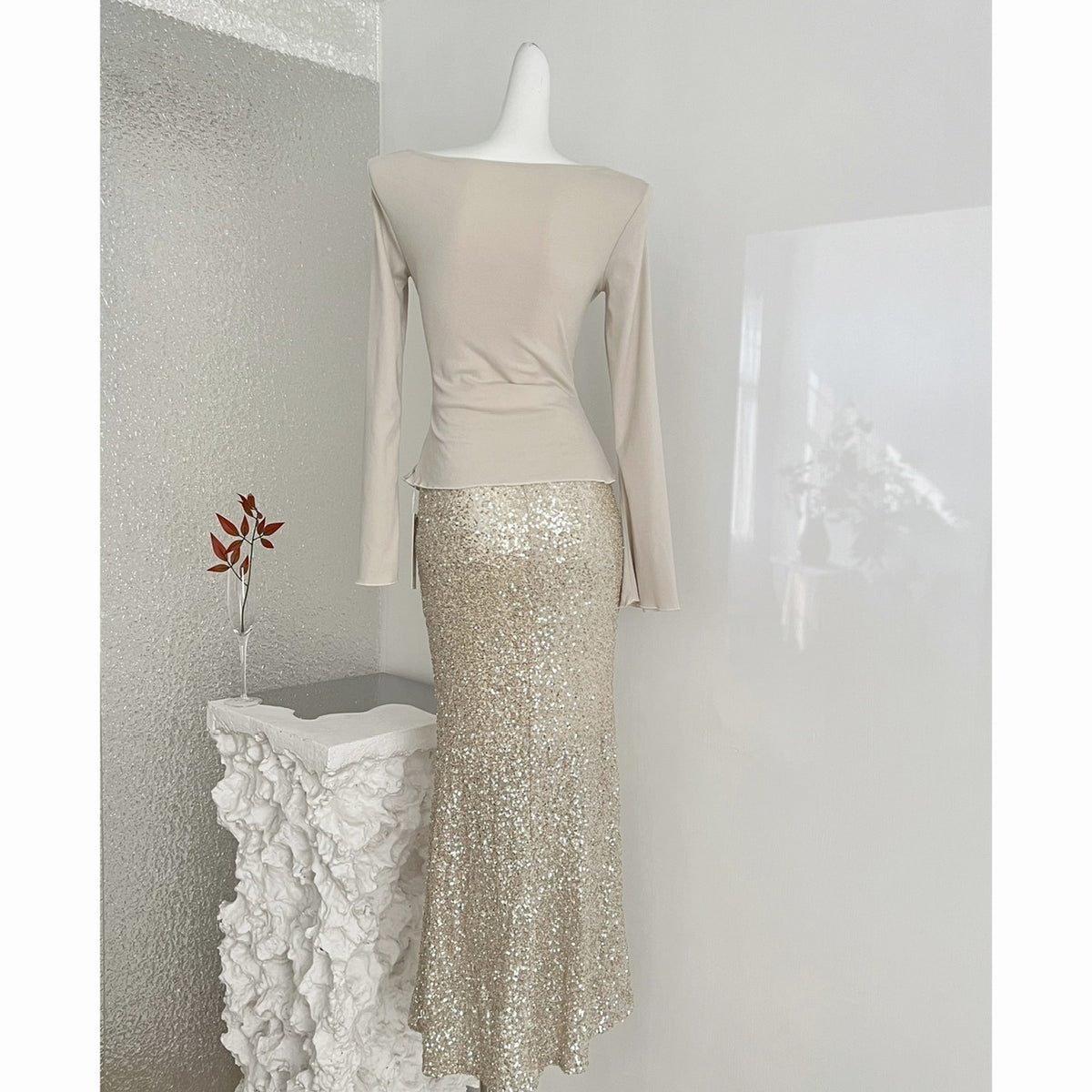 Women's Champagne Gold Sequin Two-Piece Evening Gown Set Ruched Top Mermaid Skirt Formal Party Dress