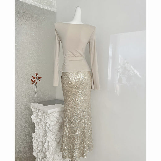 Women's Champagne Gold Sequin Two-Piece Evening Gown Set Ruched Top Mermaid Skirt Formal Party Dress