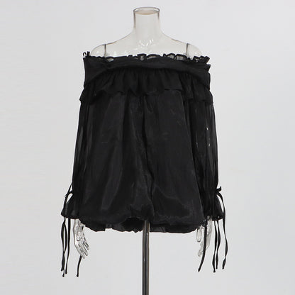 Retro Off-the-Shoulder Strap Bell-Sleeve Solid Color Chiffon Top