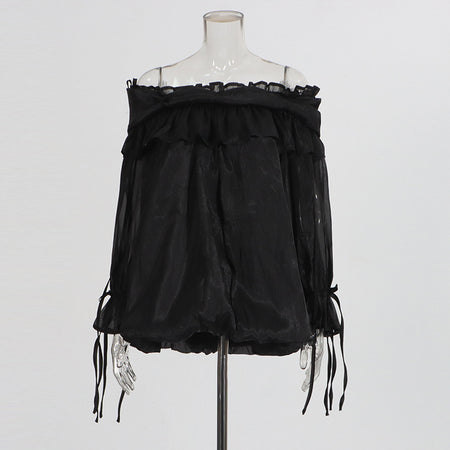 Retro Off-the-Shoulder Strap Bell-Sleeve Solid Color Chiffon Top