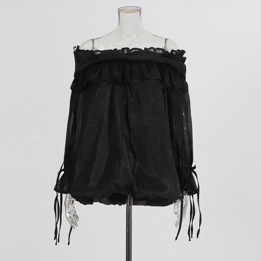 Retro Off-the-Shoulder Strap Bell-Sleeve Solid Color Chiffon Top