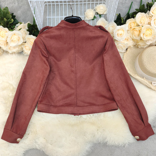 Women's Fashion Retro Long Sleeve Short Suede Jacket