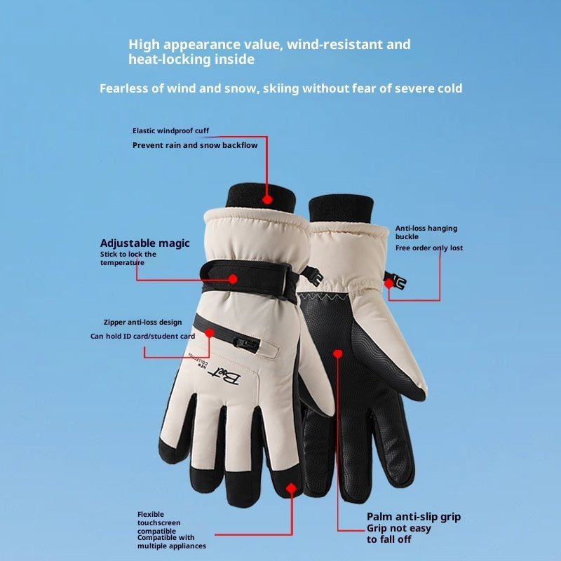 Winter Fleece-lined Thickened Men's And Women's Skiing Gloves Thermal And Windproof