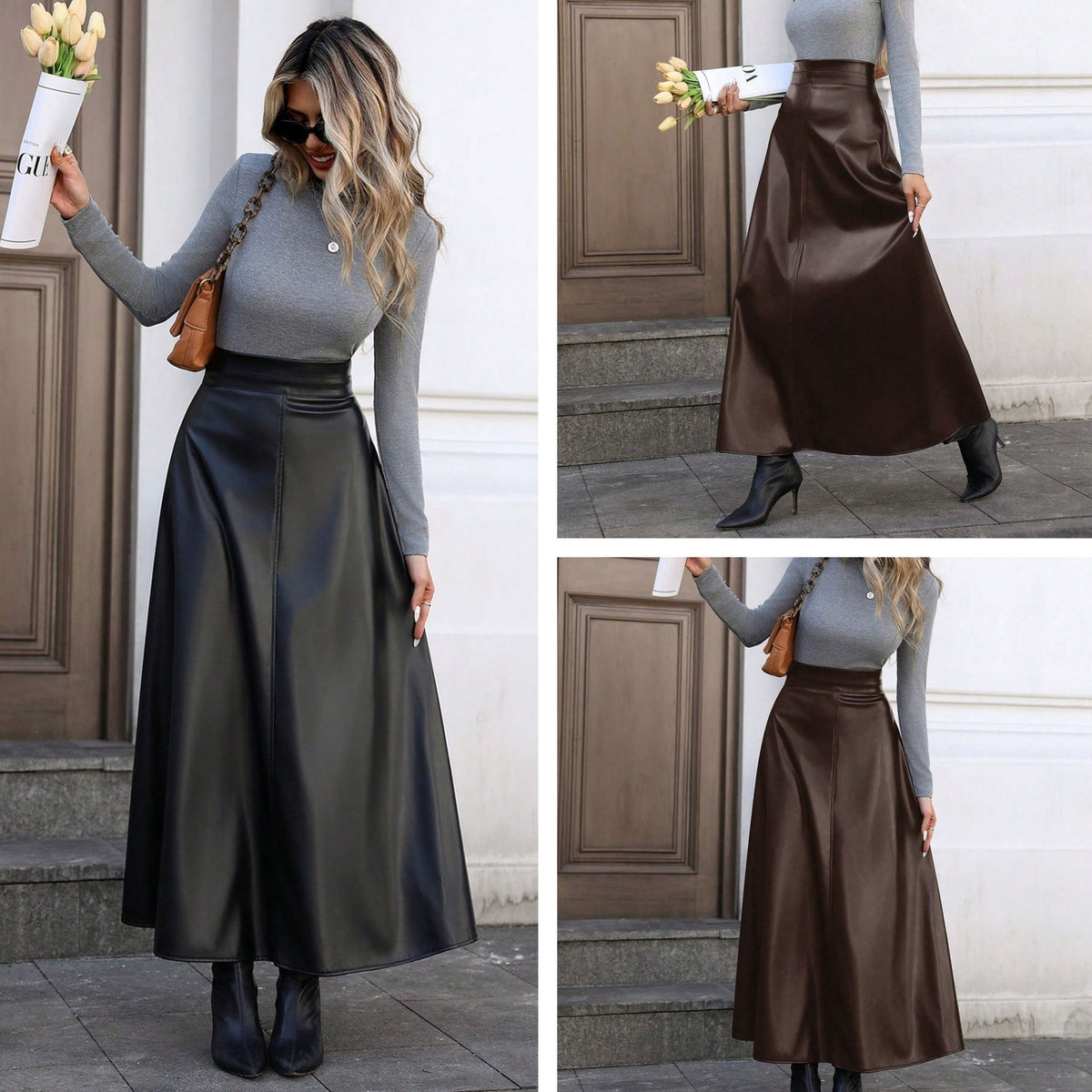 Slimming Hip-covering Mid-length A-line PU Leather Skirt With A Flared Hem