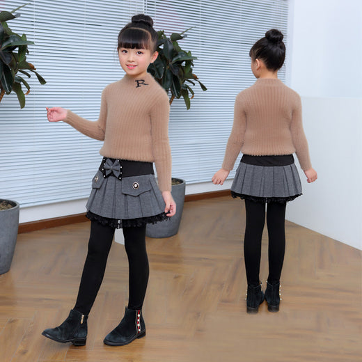Thickened Fleece-Lined Base Leggings With Beaded Bow In Two Colors