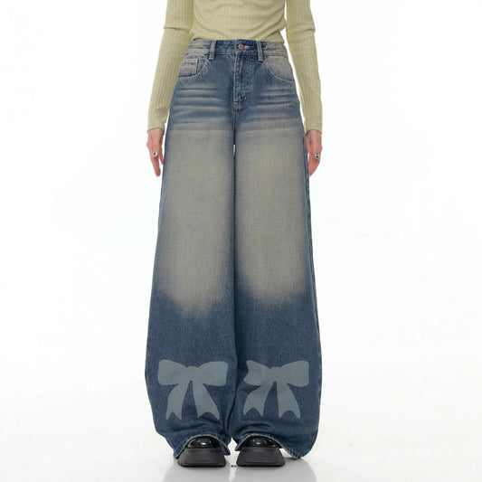 Retro Wide-leg Bow-tie Printed Washed Denim Jeans