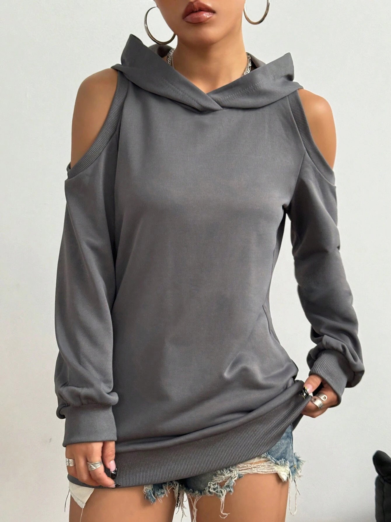 Autumn And Winter Solid Color Off-the-shoulder Hooded Women's Fashion Sweater