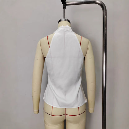 French-style Satin V-neck Slim-fit Sleeveless Blouse With Tie Detailing
