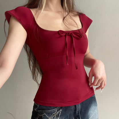 Women's Lace Up Square Neck Slimming Short Sleeve Top