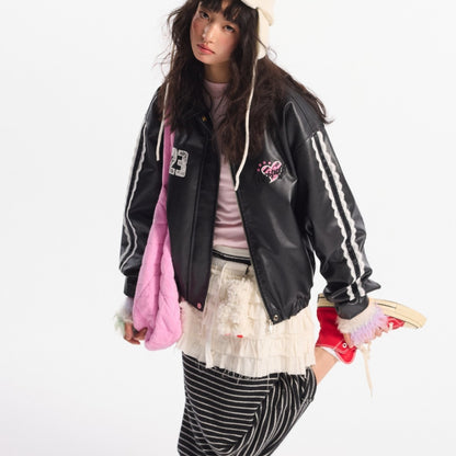 Women's Street Black Lace Love Number Embroidered Lapel Jacket