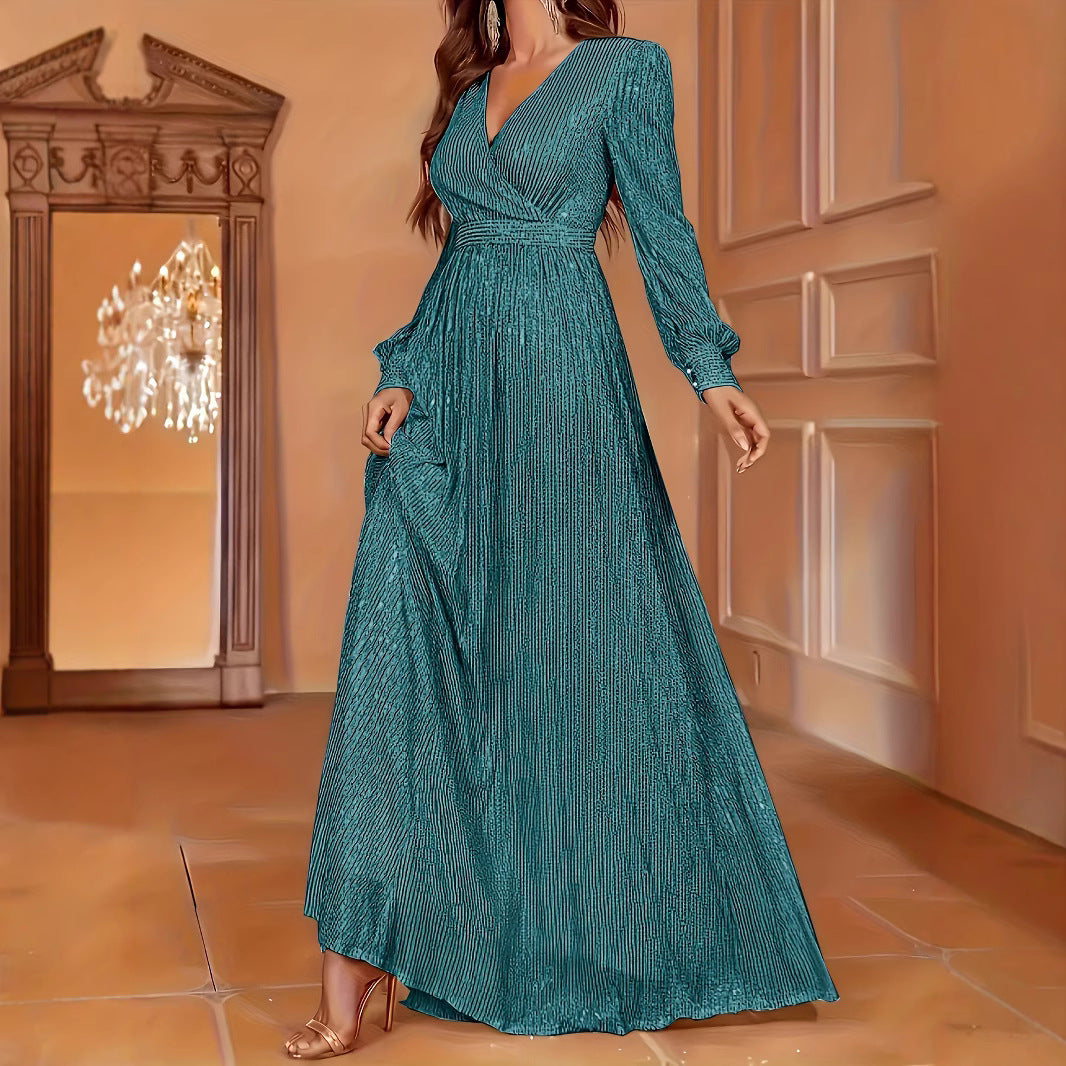 Elegant Dinner Sequined Long Sleeve V-neck High Waist Evening Dress