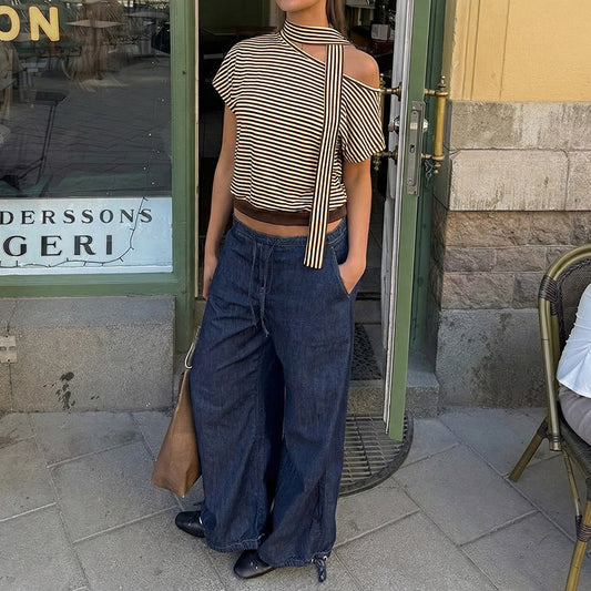 Asymmetrical Slanted-neck Striped T-shirt For Women