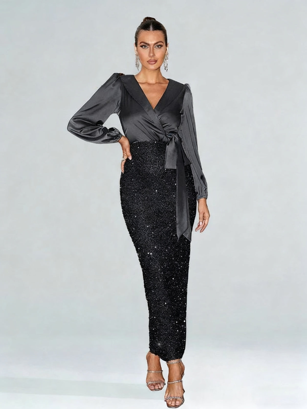 Surplice Neck Knot Side Split Back Sequin Dress Black Elegant Long Sleeve Formal Evening Prom Wedding Guest Gown For Graduation Dinner Party Dress