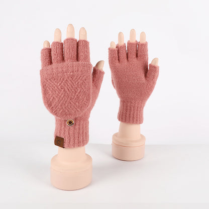 Flip-up Dual-use Half-finger Gloves For Womencold-proof And Warm-keeping