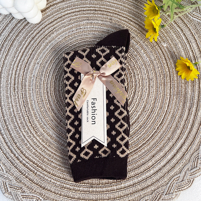 Double-Needle Dual-Channel Sweat-Absorbing Breathable Wireless Top Preppy-Style Mid-Calf Women's Socks