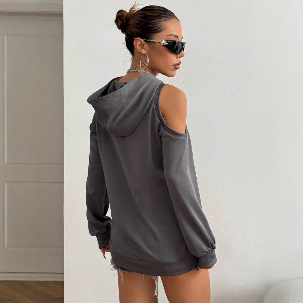 Autumn And Winter Solid Color Off-the-shoulder Hooded Women's Fashion Sweater