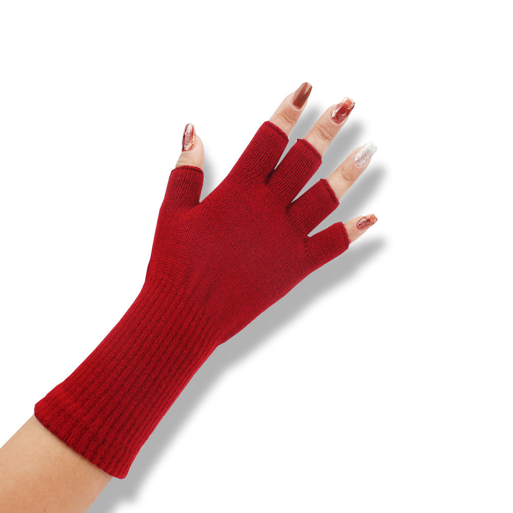 Solid-color Fashionable Acrylic Long-sleeve Ribbed Half-finger Thermal Gloves