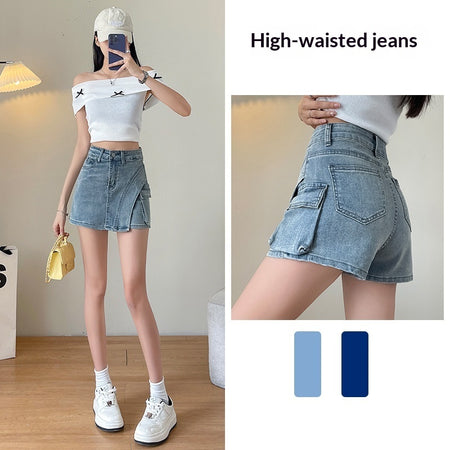 Retro Distressed Figure-flattering Asymmetrical A-line Mini Skirt