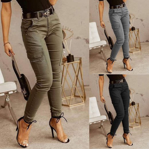 Ankle-length Low-rise Solid-color Cargo Pants With Pockets These Are Slim-fit Leggings