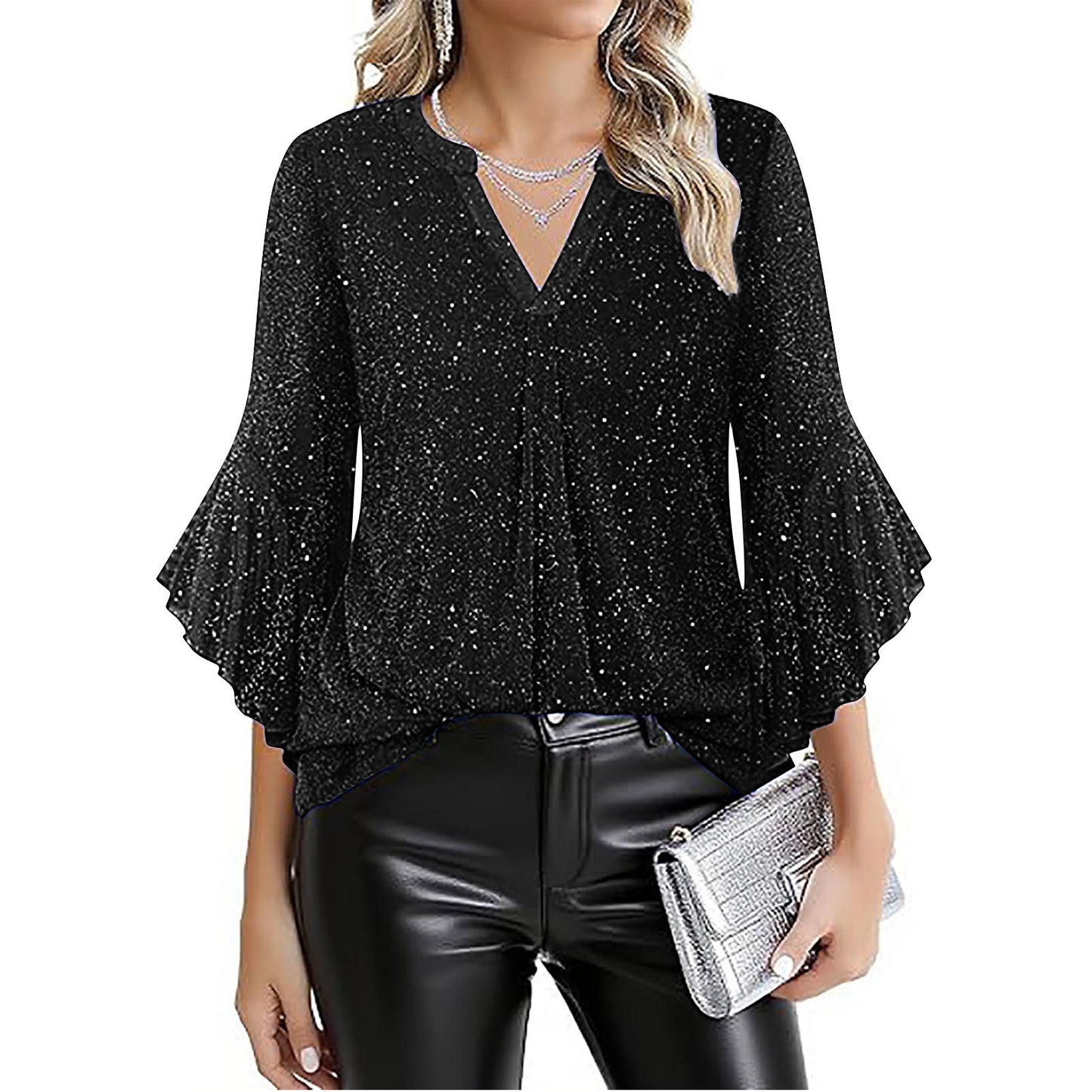 Womens Casual Silver-Thread Mesh V-Neck Petal Three-Quarter Sleeve Loose Top