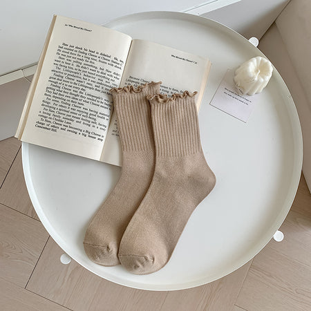 Solid-color Ruffle-trimmed Socks For Women