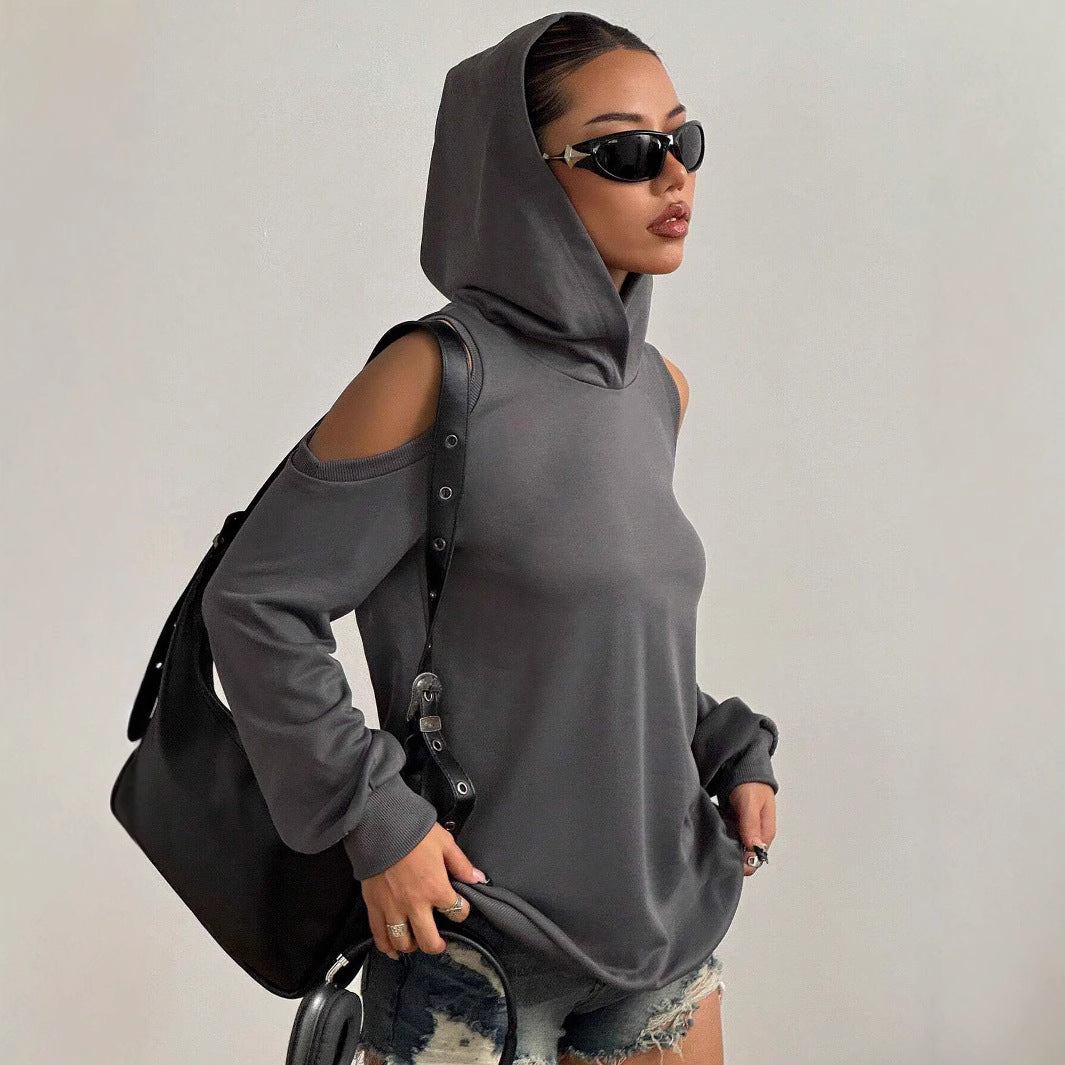 Autumn And Winter Solid Color Off-the-shoulder Hooded Women's Fashion Sweater